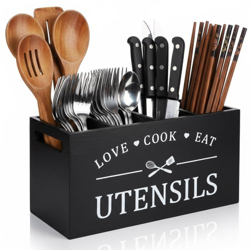 Cnwinu Wooden Kitchen Utensils Holder,Cooking Utensil Organizer with 4 Compartments and Drainage Bottom,Multipurpose Cutlery Organiser for Cutter Forks Spoons,Cooking Tools Storage for Countertop