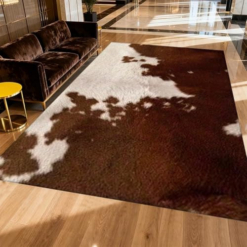 WAOTMN Western Decor Cow Hide Rug,100x150cm,White Brown Cowhide Print Washable Carpets,Anti-Slip Large Faux Cowhide Living Room Rugs for Bedroom Bedside Premium Carpet