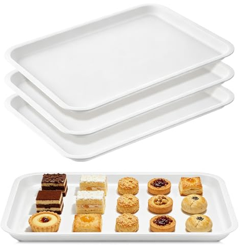 4 Pieces Serving Tray Plastic Serving Platters for Party 36x26cm Large Reusable Serving Plates for Snacks, Cookies, Sandwich, Tea, Drink, Rectangular, White