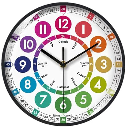 Reloj de aprendizaje colorido - Relojes de pared silenciosos educativos para niños - Decir la hora analógica - Enseñanza operada - Para habitación, guardería, escuela, aula - Cara de 12 pulgadas de fá