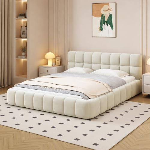 HYNHXBP Lit Bulle 140 x 190 cm Beige en Lin, Lit Double Capitonné avec Tête de Lit Rembourrée et Sommier à Lattes, Cadre de Lit Bas, sans Matelas