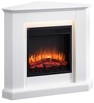 BALDERIA camino elettrico ad angolo Candela | Caminetto elettrico da pavimento con effetto fiamma 3D | Riscaldamento elettrico 2000 W| Focolare con telecomando, timer, termostato | Bianco