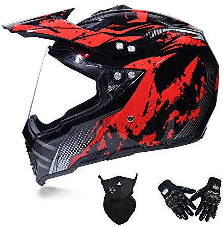 MRDEAR Casco Motocross Nero e Rosso, Casco Downhill Integrale con Visiera - Guanti/ Face Mask - Fodera Rimovibile - Casco Moto Cross Adulto per Enduro MTB Offroad Scooter Sport,M