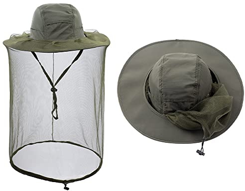 ZffXH Chapeaux avec filet anti-insectes, Casquette de safari et de pêche avec protection faciale en maille, Chapeau d’apiculture pour hommes et femmes - Gris clair, vert militaire, L