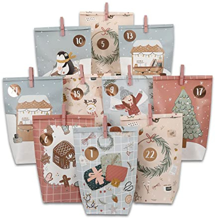 Papierdrachen Adventskalender för fyllning – 24 isblå och rosa tryckta presentpåsar och 24 nummerklistermärken och klämmor – motiv isblått – för pyssel och present – jul