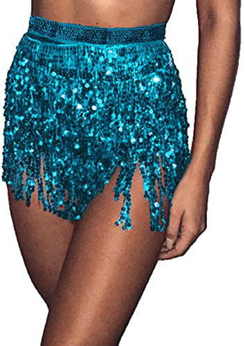 Bufenia Damen Bauchtanz Hüftrock Quaste Pailletten Hüftschal Riemchen Wrap Rave Röcke Halloween Kostüm Club Festival (Blau)