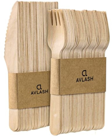 Avlash ® Pack of 200 Wooden Disposable Knives & Forks, Compostable & Biodegradable Disposable Wooden Cutlery Set, Plastic Free, Eco Friendly - (100pcs Knife & 100pcs Fork)