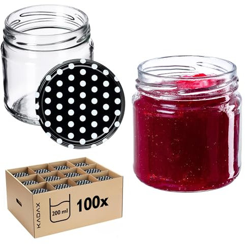 KADAX Lot de 100 bocaux 200 ml avec couvercles à vis Ø 66 mm – bocaux à dessert à parois épaisses, hermétiques, lavables au lave-vaisselle, idéaux pour les confitures et conserves