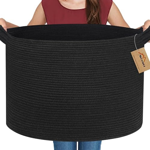 MEGASKET Large Black Blanket Basket, 22 X 22 X 14 Woven Rope Bin for Storage, Kids Dog Toy Storage Box Organizer Bins, Blanket Holder for Living Room, Decorative Wicker Basket for Organizing