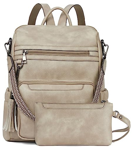 BOSTANTEN 2 Pieces Leder Rucksack Damen Freizeitrucksack Reise Handtasche Rucksackhandtasche Tagesrucksack mit Handgelenktasche Grau