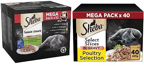 SHEBA Sauce Lover Cat Food Trays Mixed Collection 32 x 85 g & Select Slices Poultry Collection in Gravy 40 Pouches, Adult Wet Cat Food, Megapack (40 x 85 g)