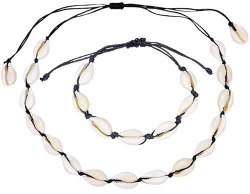 TNSRAY Collana e Bracciali Conchiglie, 2 Pezzi Girocollo con Corda Hawaiana Boho, Regolabile, Adatto per Feste in Spiaggia e a Tema