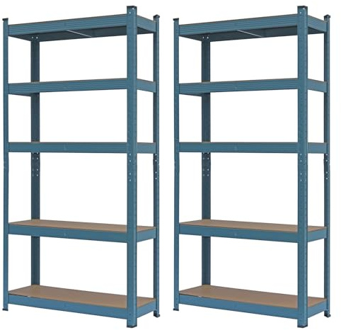 Brigros - Set Scaffali In Metallo 150x75x30cm Portata Totale 875 Kg, 5 Ripiani MDF, Carico Per Ripiano 175 Kg Scaffale Salvaspazio Per Garage, Officina, Cantina, Magazzino (Ceruleo)