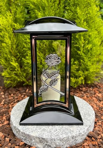 Lanterne funéraire avec motif de roses - 27 cm de hauteur - Couleur argent - Bougie funéraire - Lanterne de jardin avec bougie
