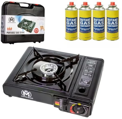 Portable Gas Cooker Stove with 4 Butane Canisters and Carry Case, Lightweight, Compact Outdoor Camping Stove, Premium Burner, Automatic Ignition (pack of 4)