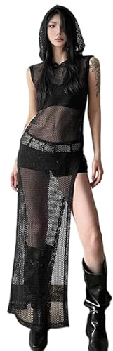 JasmyGirls Abiti Rave, da Donna, Senza Maniche, a Rete, con Cappuccio, Y2k, Streetwear, Nero, M