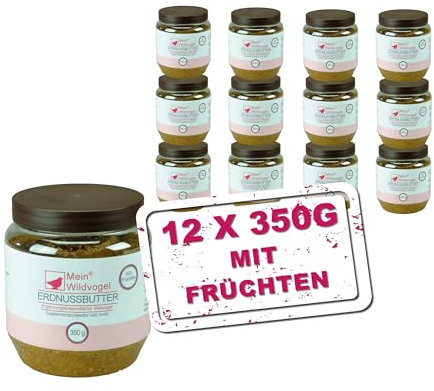 MeinWildvogel - Erdnussbutter mit Früchten 12x 350g, nährstoffreiches Weichfutter mit Sonnenblumenkerne für Wildvögel und Gartenvögel. Ganzjähriges Fettfutter für Ihre Vögel, ohne Gentechnik