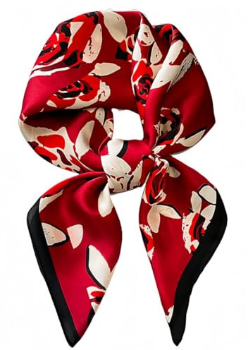 MEDUOLA Mujer Pañuelos Para la Cabeza Satén Fulares Cuadradas Medianas Elegantes de Tacto Sedoso 70×70 cm (Rosa negra y roja)