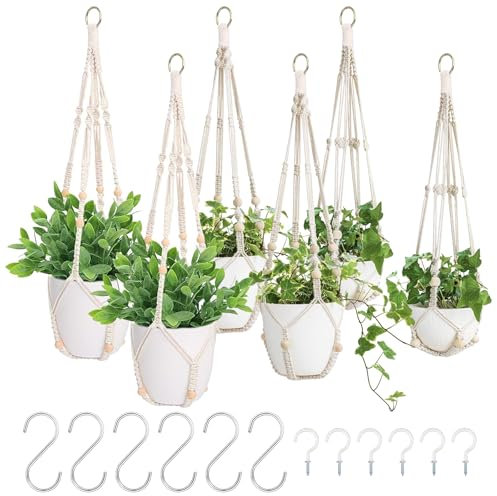 Behogan Lot de 6 Suspension Plante Macramé, Beige avec Perles sans Franges, Pot Suspendu pour Plantes, Panier à Fleurs Support de Pot, Cache-Pot Suspendu pour Intérieur, Coffret Cadeau