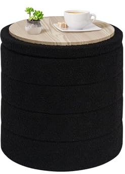 PINPLUS Pouf de Rangement, Rond Tabouret Rembourré avec Couvercle, Pliable Coffre de Rangement 43x43x45 cm, Teddy Velours Ottomane, pour Salon Chambre Couloir, Noir