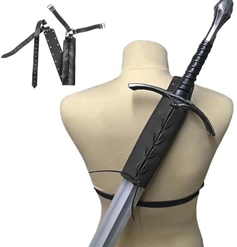 Joyan Espada Retro Medieval Funda de Cuero para Espada, Negro Tamaño Ajustable Hombro Espalda Vaina Rana Titular, Guerrero Disfraz Protector Espada Cuero Hebilla Funda