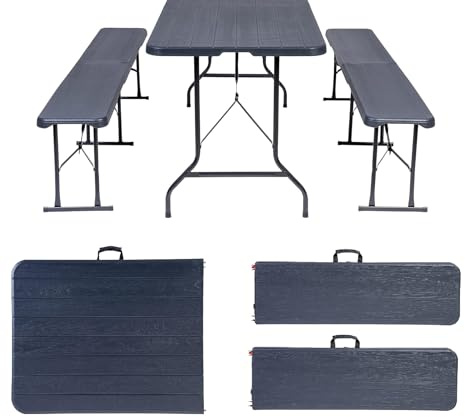 Buartttbear Mesa Plegable de Camping con 2 Bancos, 180 cm, para Jardín, Terraza, Acampadas y Picnic