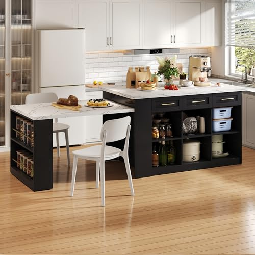 Huayz Isola da cucina multifunzione con 150 cm+96 cm, tavolo da pranzo allungabile nero, piano di lavoro in legno marmorizzato bianco, armadietti integrati, per cucine familiari, cene Potluck