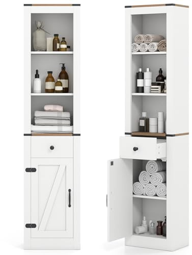 GIANTEX Armario Alto de Baño de 173 cm, Mueble Columna con 3 Estantes, Cajón y Armario Inferior, Estante Ajustable, 40 x 24 x 173 cm, Mueble Organizador para Cocina, Salón