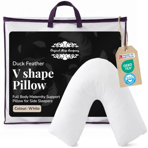 Bedding Direct UK Superior Duck Feather V-Shaped Pillow - Side Sleep Pregnancy Pillow with Polycotton Cover with Pillowcase - Support to Eliminate Neck, Back, Hip, Joint - U Shape Neck Pillow White
