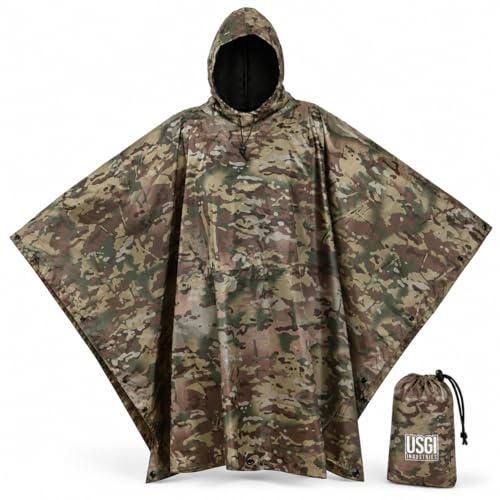 USGI Industries Military Style Poncho | Lightweight Tactical Multi Use Rip Stop Camouflage Rain Poncho | Perfect for Hiking, Hunting, Emergency Tent, Survival (OCP)