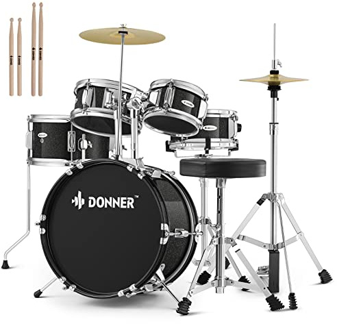 Kid Drum Sets-Donner 5-Piece for Beginners, 14 inch Full Size Complete Junior Drum Kit with Adjustable Throne, Cymbal, Hi-Hat, Pedal & Drumstick, Metallic Black