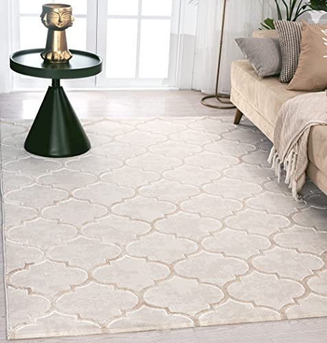 the carpet Knight Elegant Living Room Rug, Soft Short Pile, 3D Effect, Shiny Design Elements, High-Low Structure, Beige, 240 x 340 cm