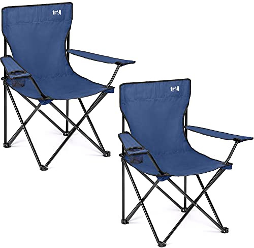 Trail Folding Camping Chair – 2 Pack, Lightweight Outdoor Chair with Cup Holder Armrest, Heavy Duty Tubular Steel Frame, Fast-Drying Polyester, Carry Bag, 100kg Capacity (Blue)