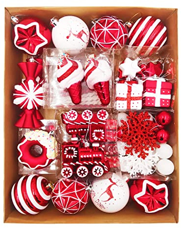 Christmas Tree Ball Ornaments Set, 70 ct Classical Red White Candy Train Theme Xmas Assorted Ornaments, Shatterproof Decorative Hanging Ornaments for Holidays Party Wedding Christmas Tree Decor