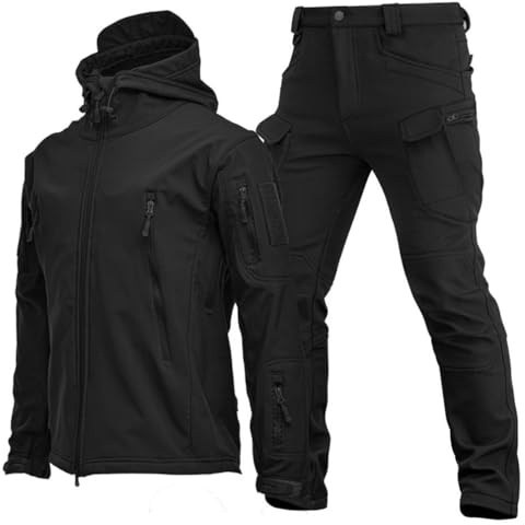 RVUEM Giacca Tattica, Giacche da Caccia Softshell, Uniforme Mimetica Impermeabile dell'Esercito, Tuta Mimetica Militare, Giacca E Pantaloni Tattici da Uomo, Impermeabile, Leggero,Nero,3XL
