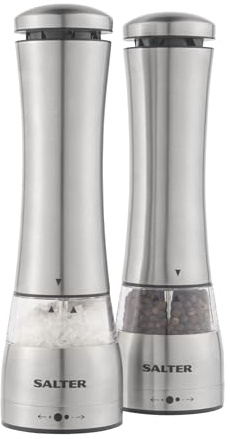 Salter BW11847EU7 Electric Salt & Pepper Mill Set – One Hand Push Button Operation, Ceramic Mechanism, Clear Acrylic, Adjustable Grind, LED Light Base, Peppercorns & Rock Salt, Stainless Steel