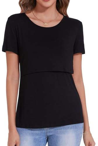 Sosolism T-Shirt Essenziale da Allattamento Estate Maniche Corte Maglietta Morbida per Poppata per Donne Nero, XX-Large