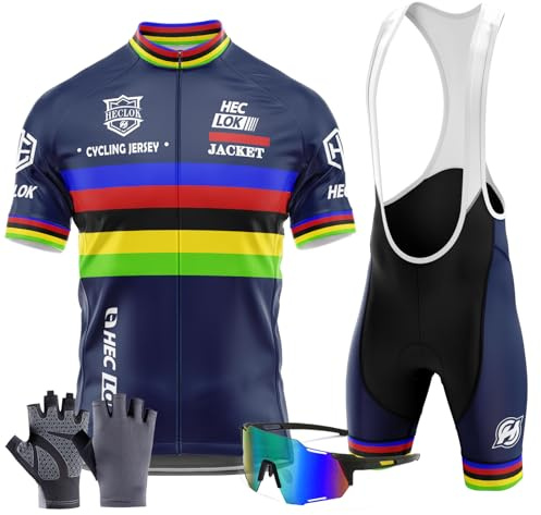 Traje Ciclismo Hombre Verano Conjunto Bicicleta Ropa MTB Maillot Bici Manga Corta＋Pantalones Cortos 9D Gel Acolchado Maillot para MTB+Incluye Guantes y Gafas de Ciclismo (TYP-3,XL)