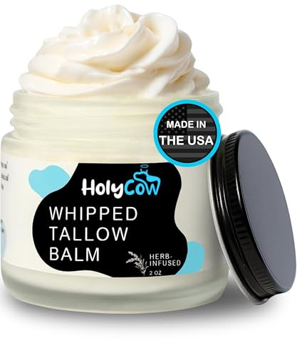 HolyCow 100% Grass Fed Beef Tallow For Skin - Whipped Tallow Balm with Organic Jojoba Oil (Unscented/Herb-Infused), Grass Fed Beef Tallow Face Moisturizer for Eczema, Baby, Lip Balm