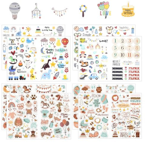 8 Sheets Baby Album Stickers, Waterproof Scrapbook Stickers, Self Adhesive, with Cute Cartoon Pattern, Sticker for Baby Shower Party, DIY Crafts, Journal, Scrapbook Supplies
