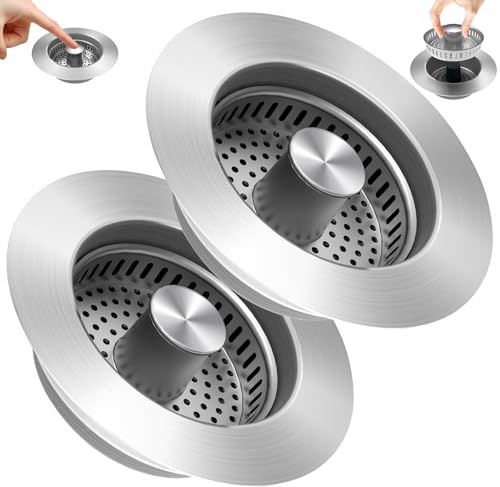 ULIOLI 3 in 1 Kitchen Sink Drain Strainer Sink Stopper, Stainless Steel Sink Drain Strainer with Anti-Clogging Basket, Kitchen Sink Drain Filter Plug for US Standard 3-1/2 Inch Drain (2Pack)
