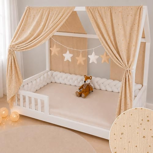 YellowNest Tenda per Letto Montessori (2 Pezzi) - Tenda Letto Bambini per Letto 70x140cm - 100% Mussola di Cotone - Senza Ghirlanda (Beige, 62 x 270 cm (2 Pezzi))