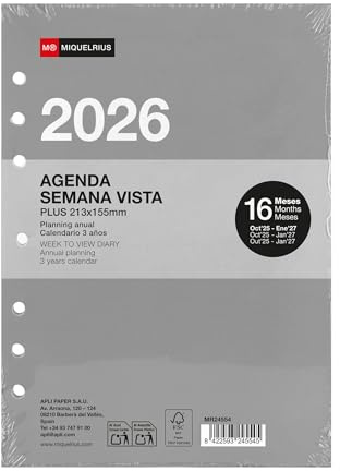 Miquelrius - Recambio agenda 2026 anillas, 16 meses, Semana vista vertical, Tamaño A5 ampliado (155 x 213 mm), Planificador interior semanal reemplazable 6 anillas, Español-EN-PT