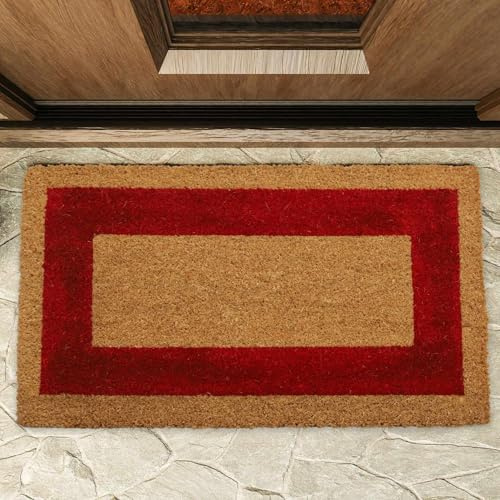 TECHZOCO Felpudo de Coco, Alfombra de Entrada de casa, Felpudo ecológico de Fibra de Coco, Alfombrilla de Entrada, Tapete de Bienvenida, 100% Coco, Naturales sostenibles Cenefa Rojo, 45 x 75 cm
