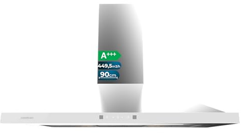 Cecotec Cappa Aspirante Piramidale 90 cm Bolero Flux PT 904400 Inox A+++. Vetro Frontale Bianco, Aspirazione 449,5 m³/h, Controllo Touch Invisibile, Funzione Booster, Filtri Lavabili, Classe A+++