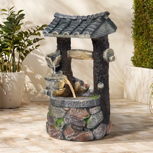 BTGGG Solar Powered Water Fountain,Cascading Bowls Wishing Well Solar Water Feature with Lights Garden Water Feature Outdoor Garden Water Fountain Solar Waterfall Decorations