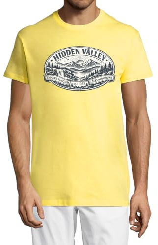 Scenic Mountain Valley med vattenfall utsikt rund hals bomull herr t-shirt gul