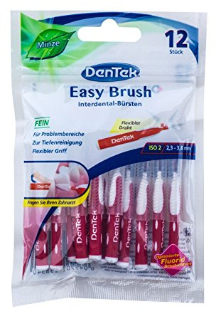 DenTek Easy Brush 2,3 mm 3,8 mm fein ISO 2 (12 Stück) Interdentalbürste mit Minzgeschmack für sehr enge Zahnzwischenräume und Zahnspangen. Flexibler Griff. Weiß, Blau