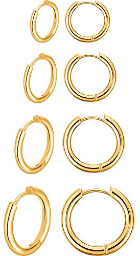4 Pares Pendientes de Aro de Acero Inoxidable Anillos de Labios Nariz Pendientes de Aro Pequeños de Cartílago para Hombre y Mujer (8 mm, 10 mm, 12 mm, 14 mm, Oro)