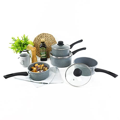 URBN-CHEF 4 Pc Forged Carbon Steel Marble Grey Non-Stick Saucepan Pot & Pan Set
